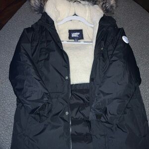 Lands' End Boys Black Jacket with Faux Fur Hood Size(L)